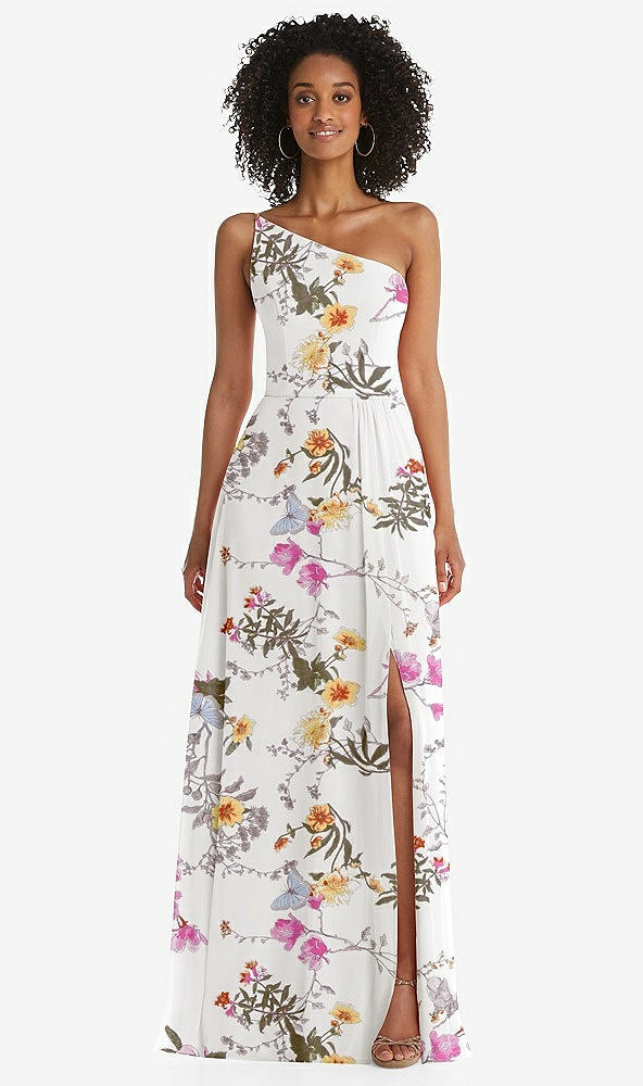 Front View - Butterfly Botanica Ivory One-Shoulder Chiffon Maxi Dress with Shirred Front Slit