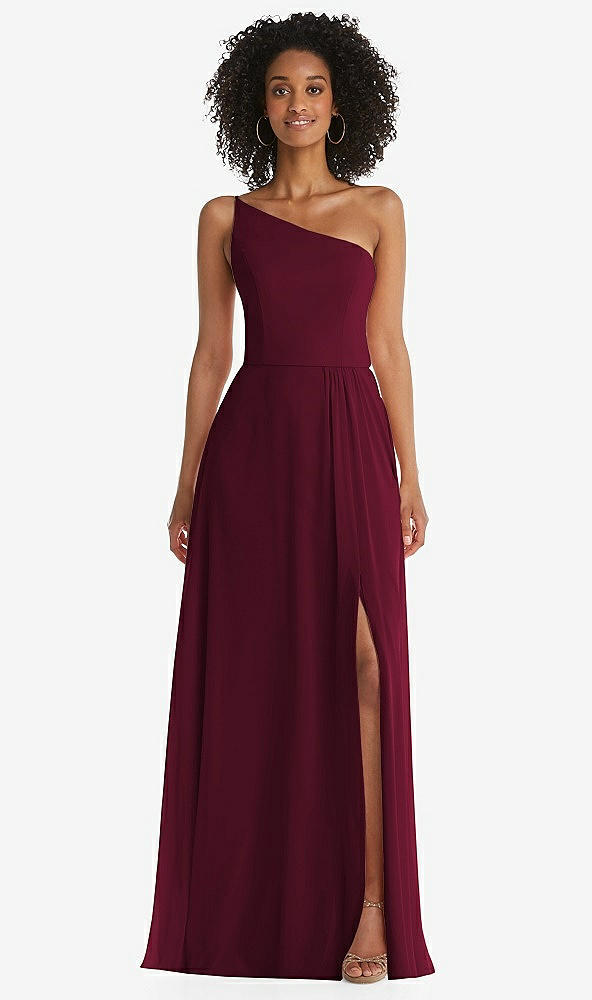 Front View - Cabernet One-Shoulder Chiffon Maxi Dress with Shirred Front Slit