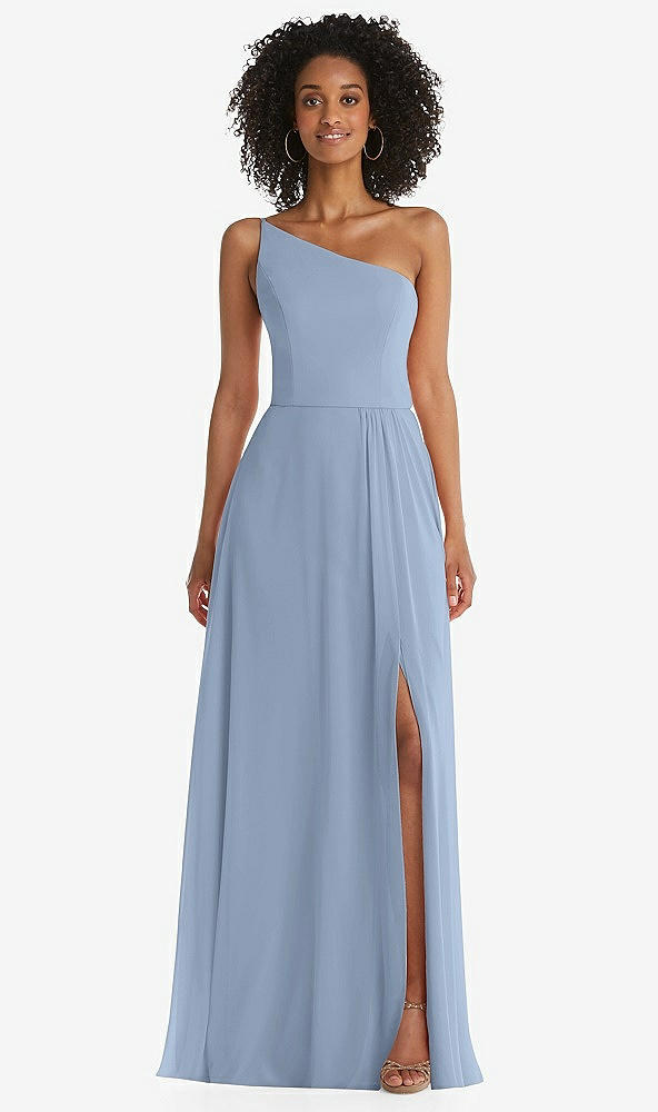 Front View - Cloudy One-Shoulder Chiffon Maxi Dress with Shirred Front Slit