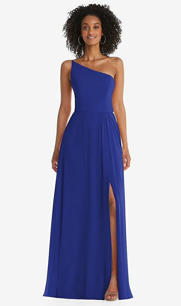Front View - Cobalt Blue One-Shoulder Chiffon Maxi Dress with Shirred Front Slit