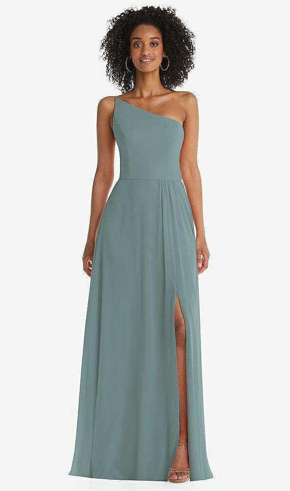 Front View - Icelandic One-Shoulder Chiffon Maxi Dress with Shirred Front Slit