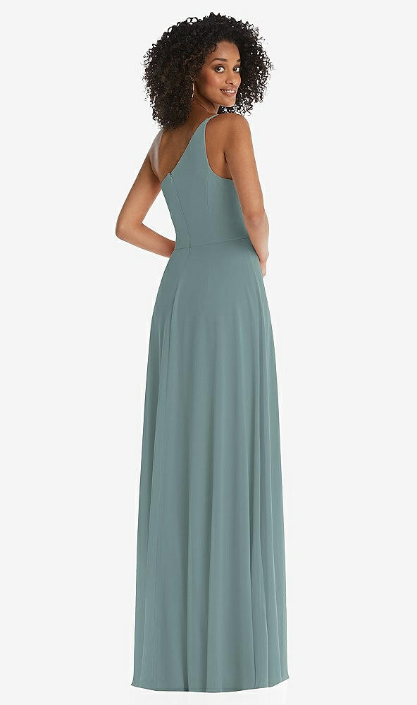 Back View - Icelandic One-Shoulder Chiffon Maxi Dress with Shirred Front Slit