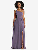 Front View Thumbnail - Lavender One-Shoulder Chiffon Maxi Dress with Shirred Front Slit