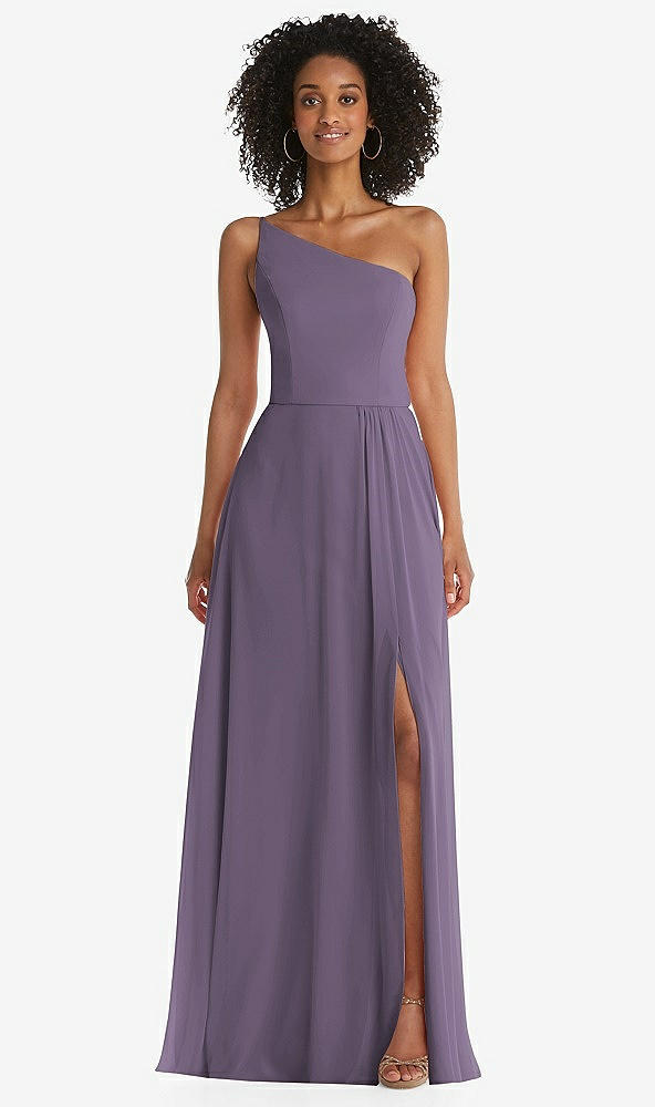 Front View - Lavender One-Shoulder Chiffon Maxi Dress with Shirred Front Slit