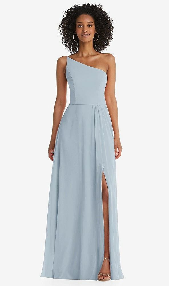Front View - Mist One-Shoulder Chiffon Maxi Dress with Shirred Front Slit