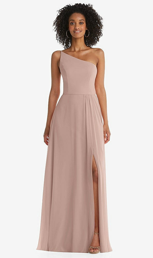 Front View - Neu Nude One-Shoulder Chiffon Maxi Dress with Shirred Front Slit