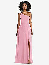Front View Thumbnail - Peony Pink One-Shoulder Chiffon Maxi Dress with Shirred Front Slit