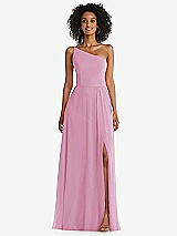 Front View Thumbnail - Powder Pink One-Shoulder Chiffon Maxi Dress with Shirred Front Slit