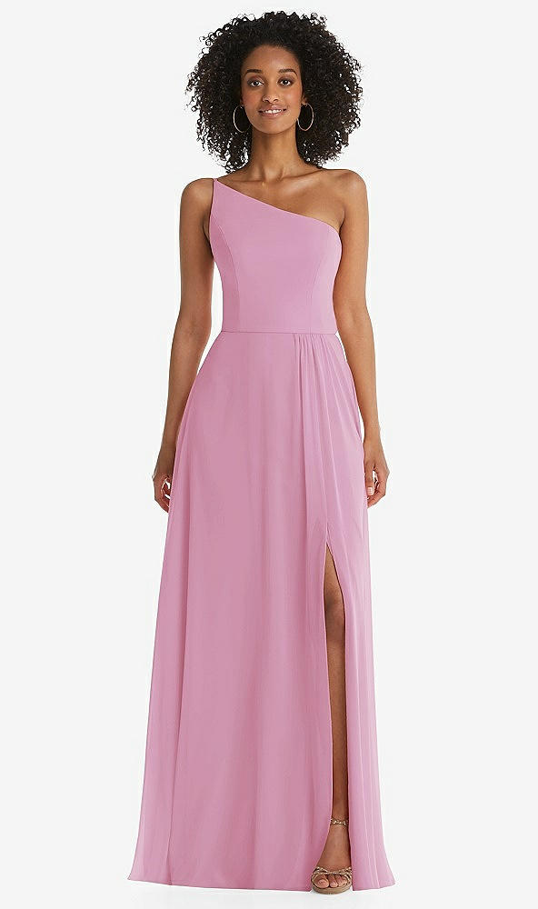 Front View - Powder Pink One-Shoulder Chiffon Maxi Dress with Shirred Front Slit