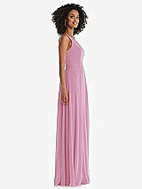 Side View Thumbnail - Powder Pink One-Shoulder Chiffon Maxi Dress with Shirred Front Slit
