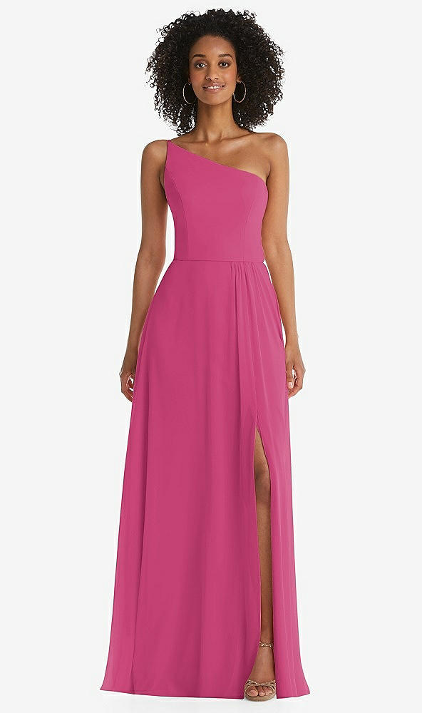 Front View - Tea Rose One-Shoulder Chiffon Maxi Dress with Shirred Front Slit