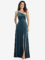 Alt View 1 Thumbnail - Dutch Blue One-Shoulder Spaghetti Strap Velvet Maxi Dress with Pockets