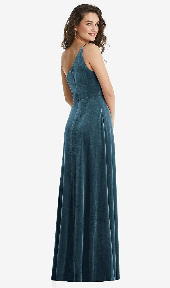 Back View - Dutch Blue One-Shoulder Spaghetti Strap Velvet Maxi Dress with Pockets