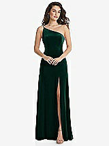 Front View Thumbnail - Evergreen One-Shoulder Spaghetti Strap Velvet Maxi Dress with Pockets