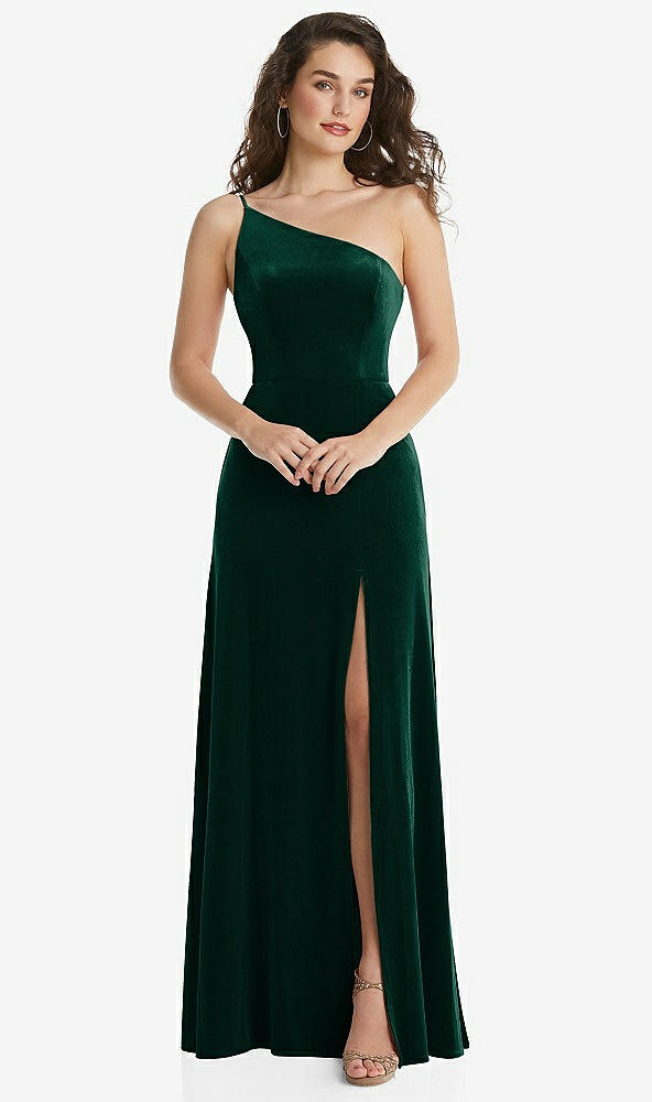 Front View - Evergreen One-Shoulder Spaghetti Strap Velvet Maxi Dress with Pockets
