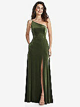Alt View 1 Thumbnail - Olive Green One-Shoulder Spaghetti Strap Velvet Maxi Dress with Pockets