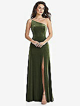 Front View Thumbnail - Olive Green One-Shoulder Spaghetti Strap Velvet Maxi Dress with Pockets