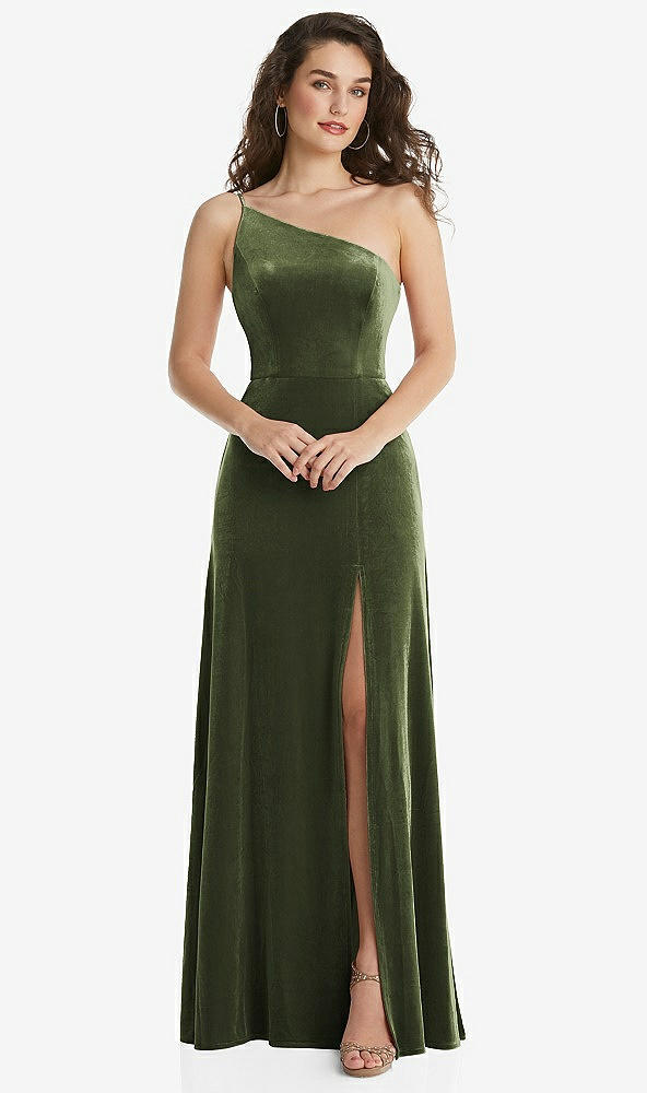 Front View - Olive Green One-Shoulder Spaghetti Strap Velvet Maxi Dress with Pockets