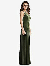 Side View Thumbnail - Olive Green One-Shoulder Spaghetti Strap Velvet Maxi Dress with Pockets