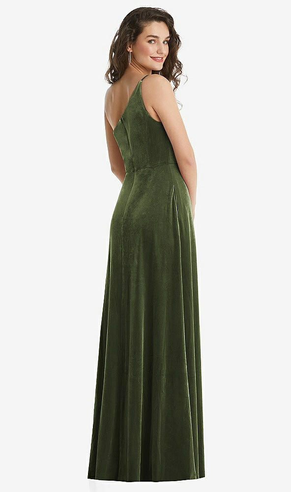 Back View - Olive Green One-Shoulder Spaghetti Strap Velvet Maxi Dress with Pockets