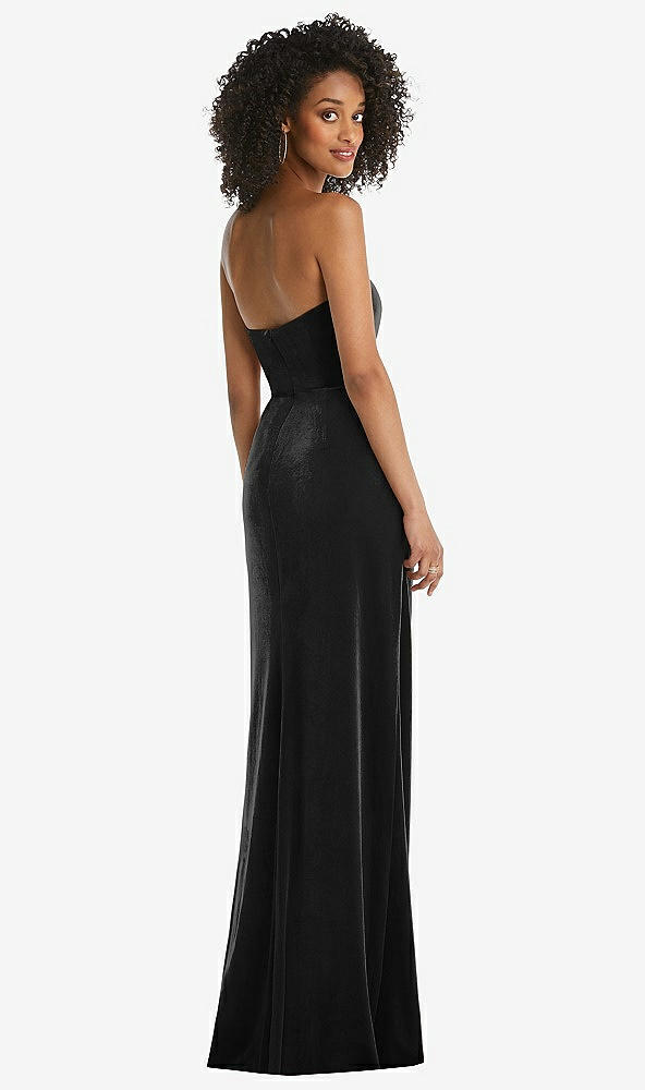Back View - Black Strapless Velvet Maxi Dress with Draped Cascade Skirt