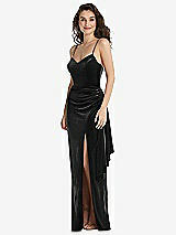 Front View Thumbnail - Black Spaghetti Strap Velvet Maxi Dress with Draped Cascade Skirt