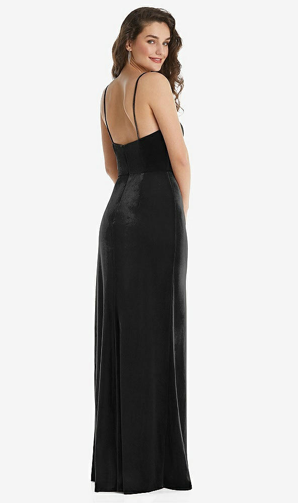 Back View - Black Spaghetti Strap Velvet Maxi Dress with Draped Cascade Skirt