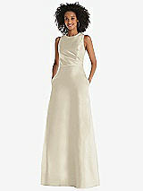 Front View Thumbnail - Champagne Jewel Neck Asymmetrical Shirred Bodice Maxi Dress with Pockets