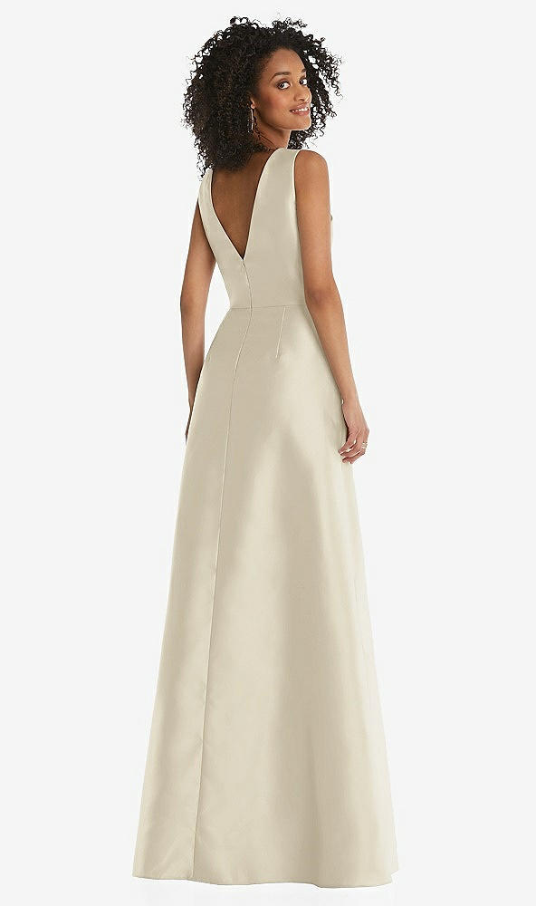 Back View - Champagne Jewel Neck Asymmetrical Shirred Bodice Maxi Dress with Pockets