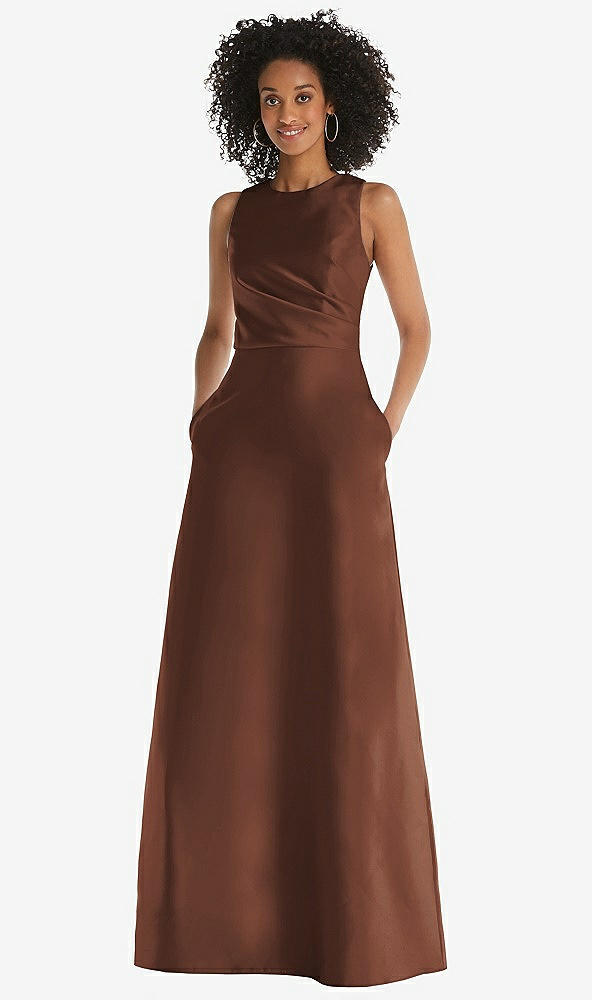 Front View - Cognac Jewel Neck Asymmetrical Shirred Bodice Maxi Dress with Pockets