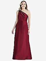 Front View Thumbnail - Burgundy Pleated Draped One-Shoulder Satin Maxi Dress with Pockets