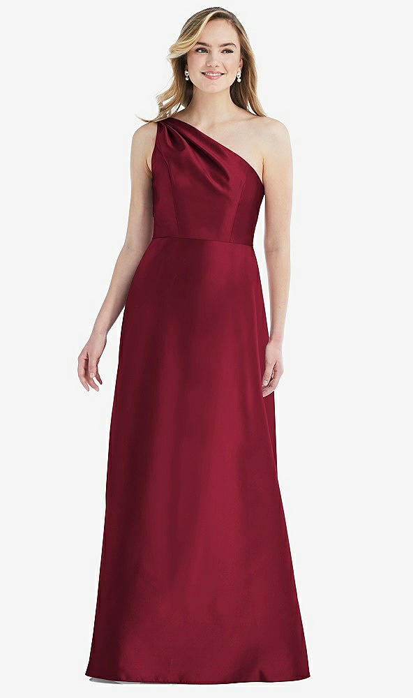 Front View - Burgundy Pleated Draped One-Shoulder Satin Maxi Dress with Pockets
