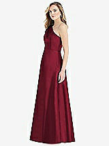 Side View Thumbnail - Burgundy Pleated Draped One-Shoulder Satin Maxi Dress with Pockets