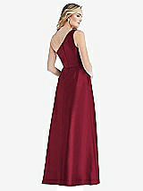 Rear View Thumbnail - Burgundy Pleated Draped One-Shoulder Satin Maxi Dress with Pockets