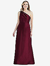 Front View Thumbnail - Cabernet Pleated Draped One-Shoulder Satin Maxi Dress with Pockets