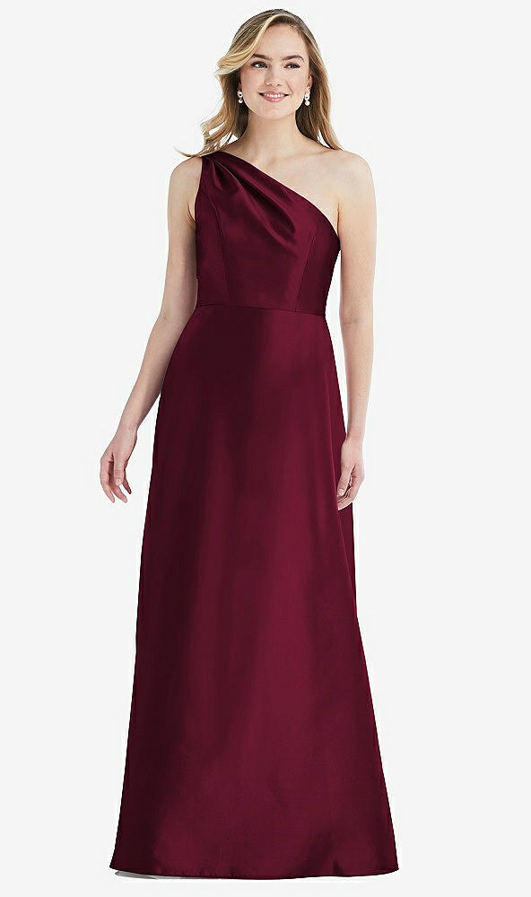 Front View - Cabernet Pleated Draped One-Shoulder Satin Maxi Dress with Pockets