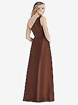 Rear View Thumbnail - Cognac Pleated Draped One-Shoulder Satin Maxi Dress with Pockets