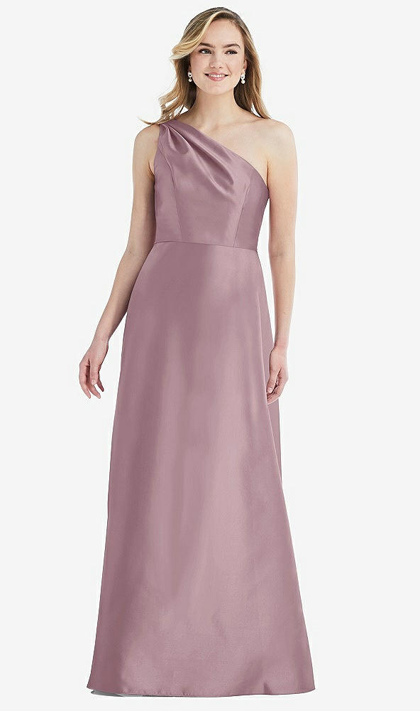 Front View - Dusty Rose Pleated Draped One-Shoulder Satin Maxi Dress with Pockets