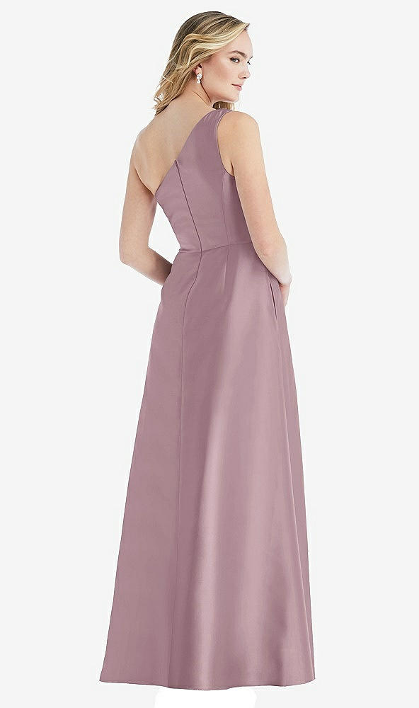 Back View - Dusty Rose Pleated Draped One-Shoulder Satin Maxi Dress with Pockets