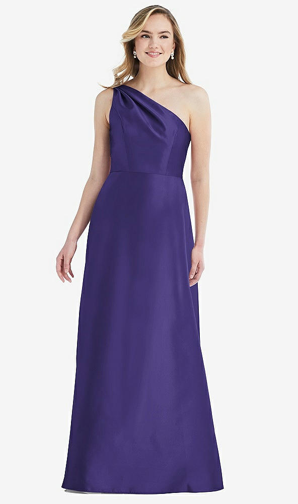 Front View - Grape Pleated Draped One-Shoulder Satin Maxi Dress with Pockets