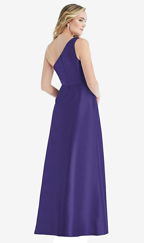 Back View - Grape Pleated Draped One-Shoulder Satin Maxi Dress with Pockets