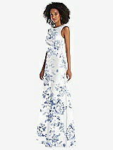 Side View Thumbnail - Cottage Rose Larkspur Jewel Neck Asymmetrical Shirred Bodice Floral Satin Maxi Dress