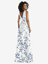 Rear View Thumbnail - Cottage Rose Larkspur Jewel Neck Asymmetrical Shirred Bodice Floral Satin Maxi Dress