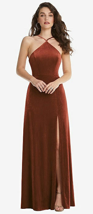 High-Neck Halter Velvet Maxi Dress with Front Slit