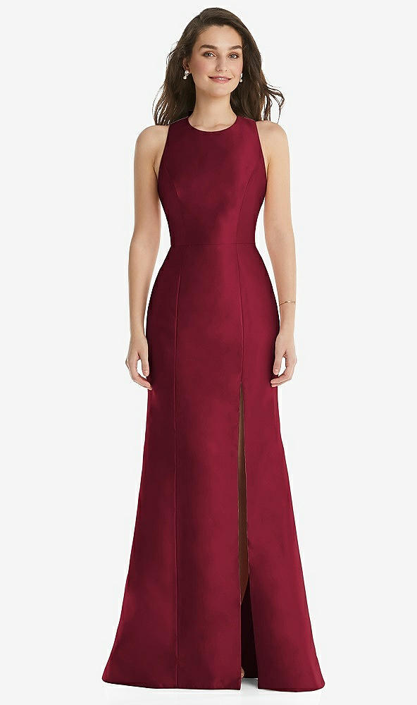Front View - Burgundy Jewel Neck Bowed Open-Back Trumpet Dress with Front Slit