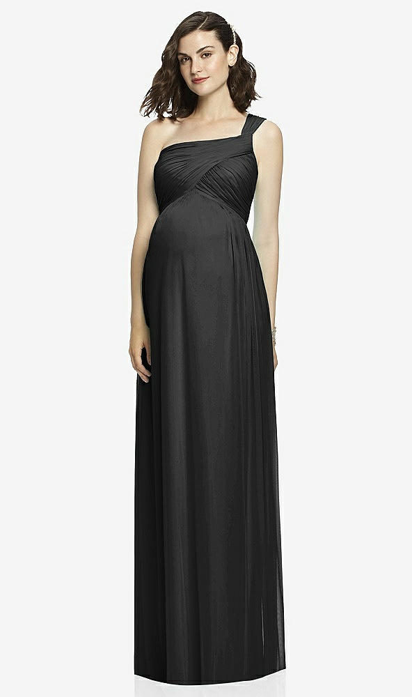 Front View - Black One-Shoulder Asymmetrical Draped Wrap Maternity Dress