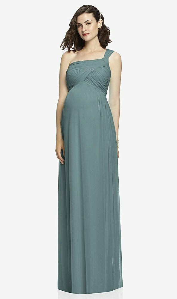 Front View - Smoke Blue One-Shoulder Asymmetrical Draped Wrap Maternity Dress