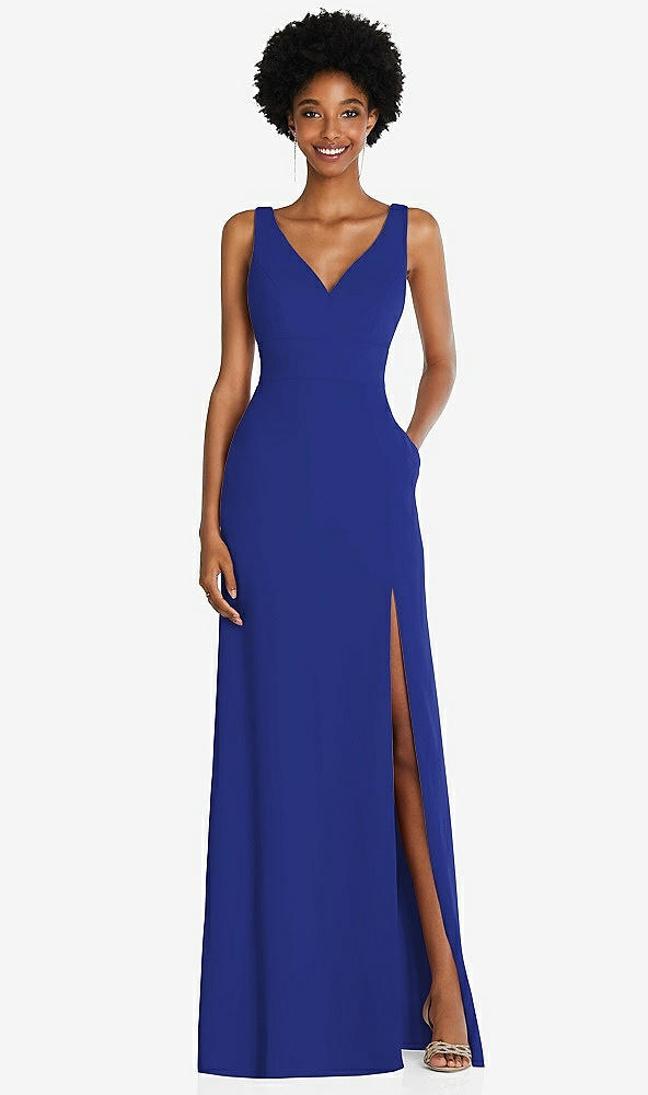 Front View - Cobalt Blue Square Low-Back A-Line Dress with Front Slit and Pockets