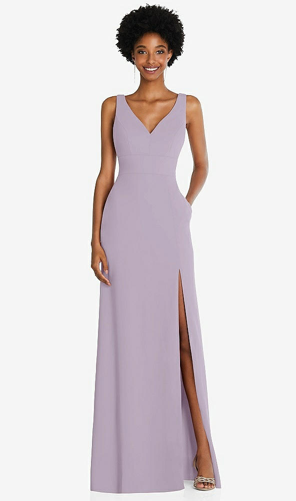 Front View - Lilac Haze Square Low-Back A-Line Dress with Front Slit and Pockets