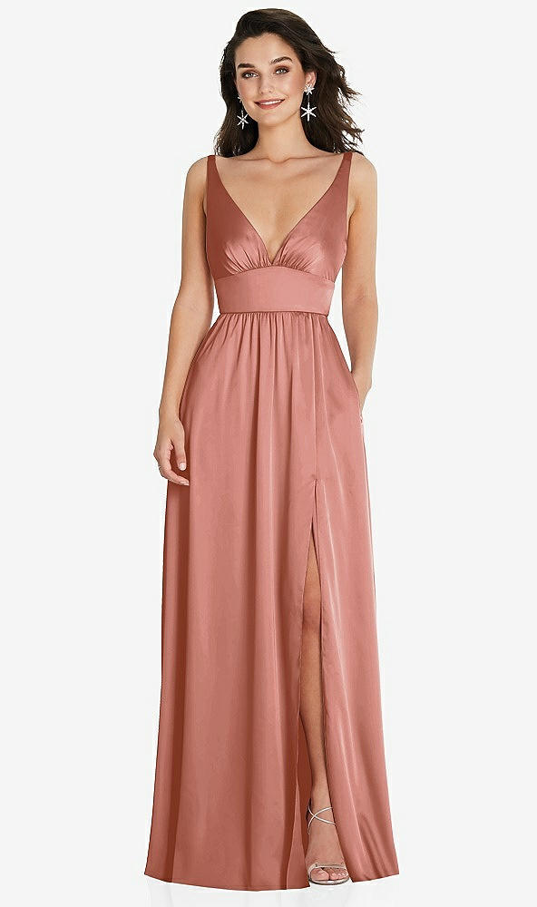 Front View - Desert Rose Deep V-Neck Shirred Skirt Maxi Dress with Convertible Straps